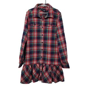 Ralph Lauren Girls Plaid Flannel Ruffle Dress Size 12 Red Navy Green Roll Tab